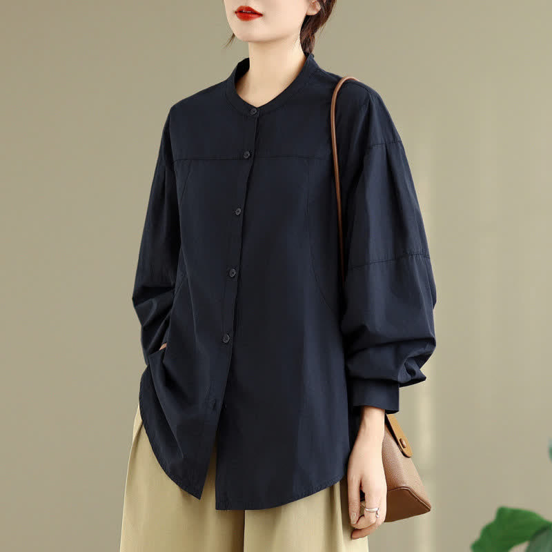 Buddha Stones Chemises à manches longues pour femmes, style minimaliste Tang, col mandarin, unies, printemps-automne - image 9