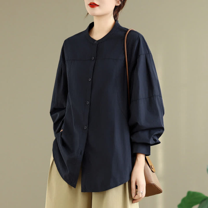 Buddha Stones Chemises à manches longues pour femmes, style minimaliste Tang, col mandarin, unies, printemps-automne - image 9