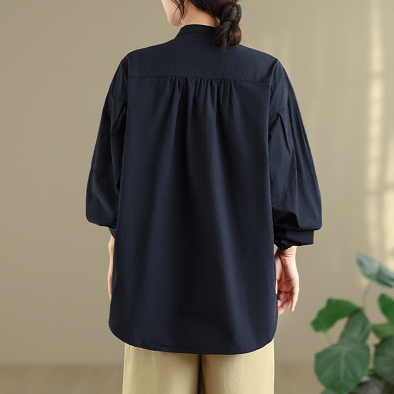 Buddha Stones Chemises à manches longues pour femmes, style minimaliste Tang, col mandarin, unies, printemps-automne - image 8