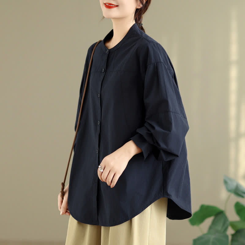 Buddha Stones Chemises à manches longues pour femmes, style minimaliste Tang, col mandarin, unies, printemps-automne - Bleu nuit - US8-10, UK/AU12-14, EU40-42 (2XL) - image 6