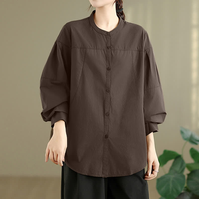 Buddha Stones Chemises à manches longues pour femmes, style minimaliste Tang, col mandarin, unies, printemps-automne - image 3