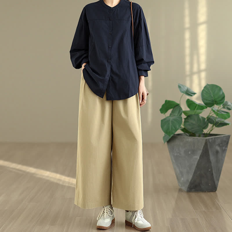 Buddha Stones Chemises à manches longues pour femmes, style minimaliste Tang, col mandarin, unies, printemps-automne - image 11
