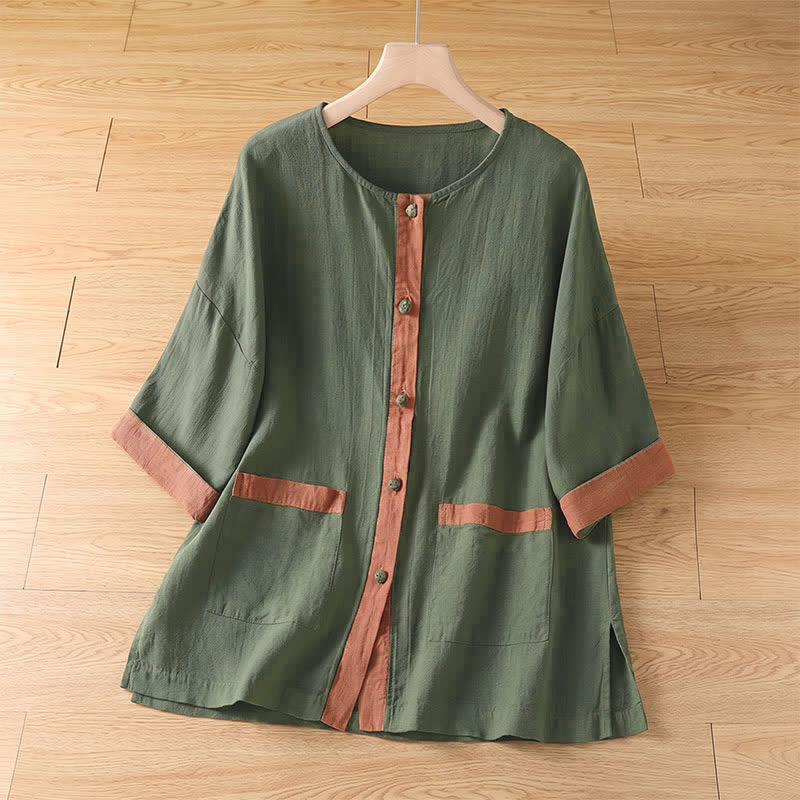 Buddha Stones Chemises d'été décontractées pour femmes, à manches courtes, boutonnées, avec poches plaquées et poches - Vert olive foncé - US8-10, UK/AU12-14, EU40-42 (2XL) - image 17