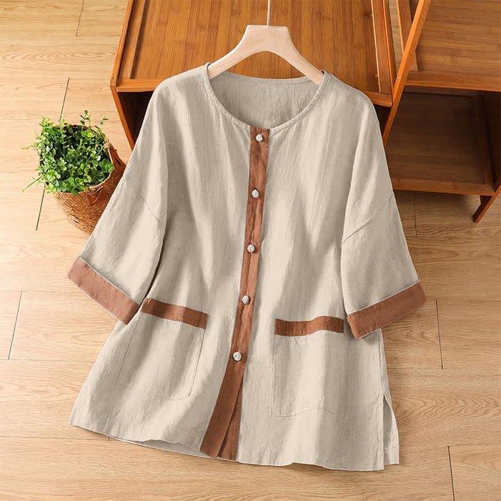 Buddha Stones Chemises d'été décontractées pour femmes, à manches courtes, boutonnées, avec poches plaquées et poches - Lin - US8-10, UK/AU12-14, EU40-42 (2XL) - image 0