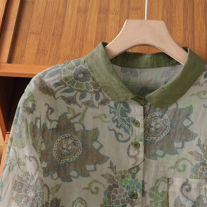 Buddha Stones Chemises à manches longues boutonnées à fleurs pour femmes, style vintage décontracté printemps-été, avec poche - image 2