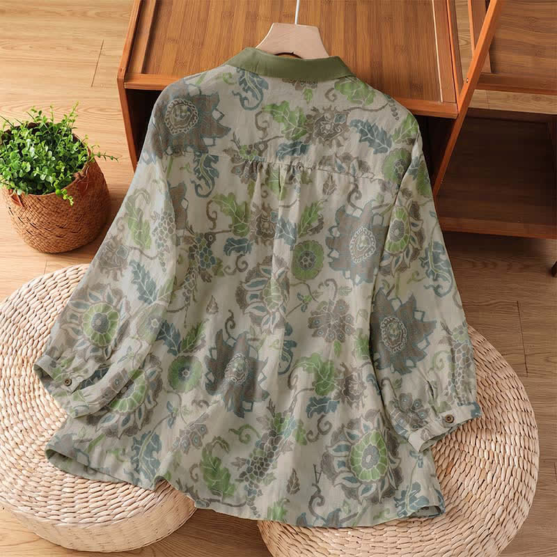 Buddha Stones Chemises à manches longues boutonnées à fleurs pour femmes, style vintage décontracté printemps-été, avec poche - image 1