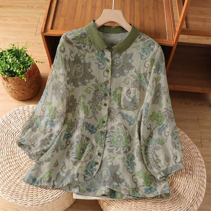 Buddha Stones Chemises à manches longues boutonnées à fleurs pour femmes, style vintage décontracté printemps-été, avec poche - Vert foncé - US8-10, UK/AU12-14, EU40-42 (2XL) - image 0