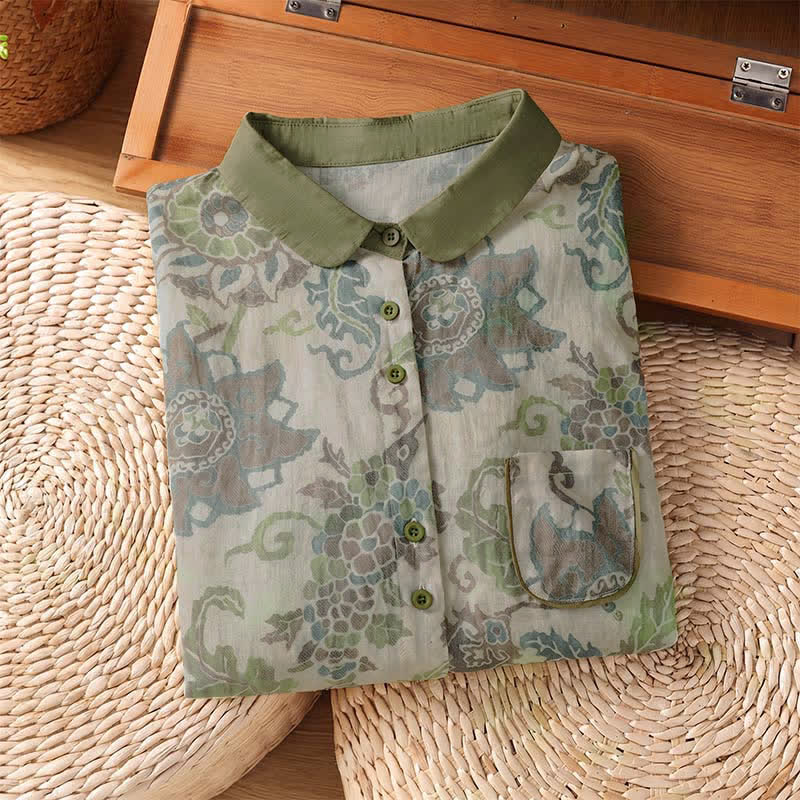 Buddha Stones Chemises à manches longues boutonnées à fleurs pour femmes, style vintage décontracté printemps-été, avec poche - image 12