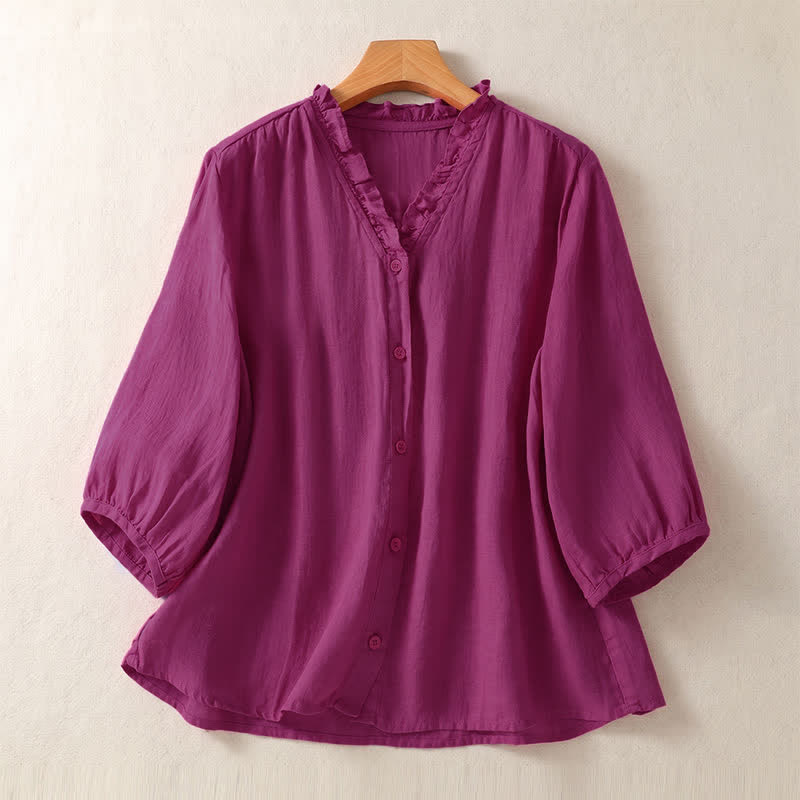 Buddha Stones Chemises à manches courtes unies à boutons pour femmes, style décontracté printemps-été - Rouge violet moyen - US8-10, UK/AU12-14, EU40-42 (2XL) - image 6