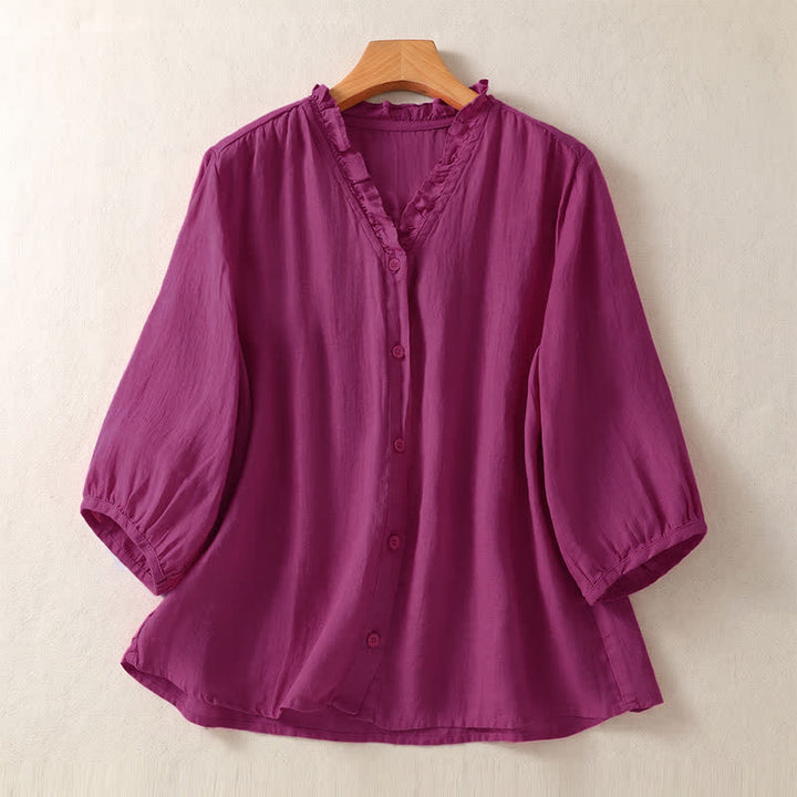 Buddha Stones Chemises à manches courtes unies à boutons pour femmes, style décontracté printemps-été - Rouge violet moyen - US8-10, UK/AU12-14, EU40-42 (2XL) - image 6