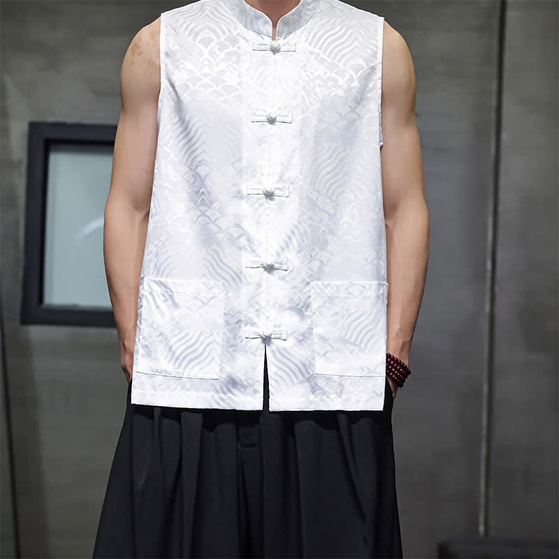 Buddha Stones Débardeur homme sans manches à col mandarin style Tang, boutonnage brandebourg, motif vagues abstraites, avec poches - Blanc - US/UK/AU46, EU56 (5XL) - image 16