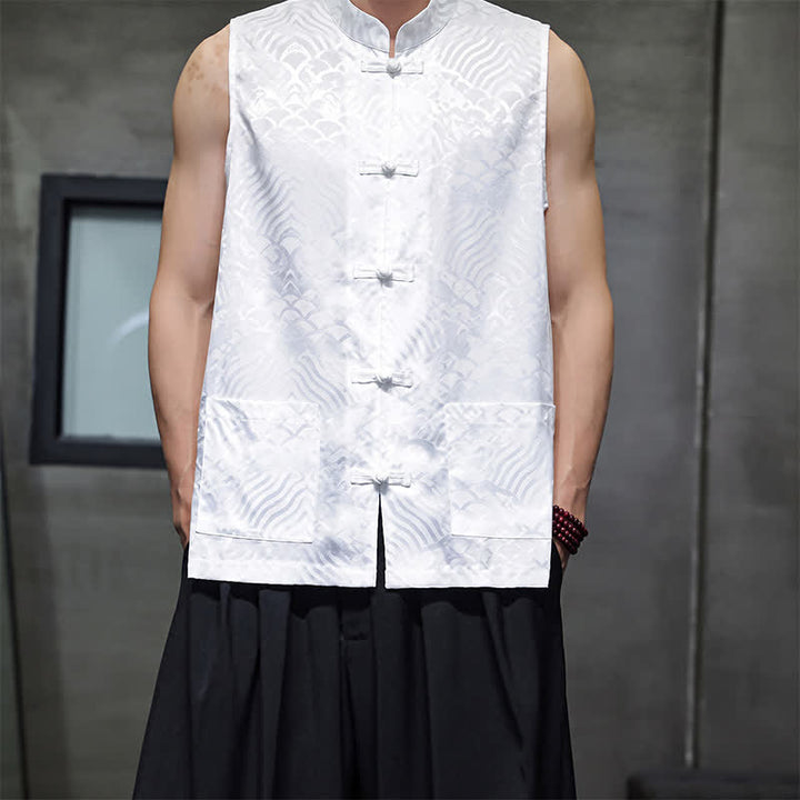 Buddha Stones Débardeur homme sans manches à col mandarin style Tang, boutonnage brandebourg, motif vagues abstraites, avec poches - Blanc - US/UK/AU46, EU56 (5XL) - image 16