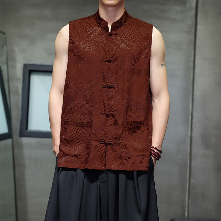 Buddha Stones Débardeur homme sans manches à col mandarin style Tang, boutonnage brandebourg, motif vagues abstraites, avec poches - FireBrick - US/UK/AU46, EU56 (5XL) - image 7