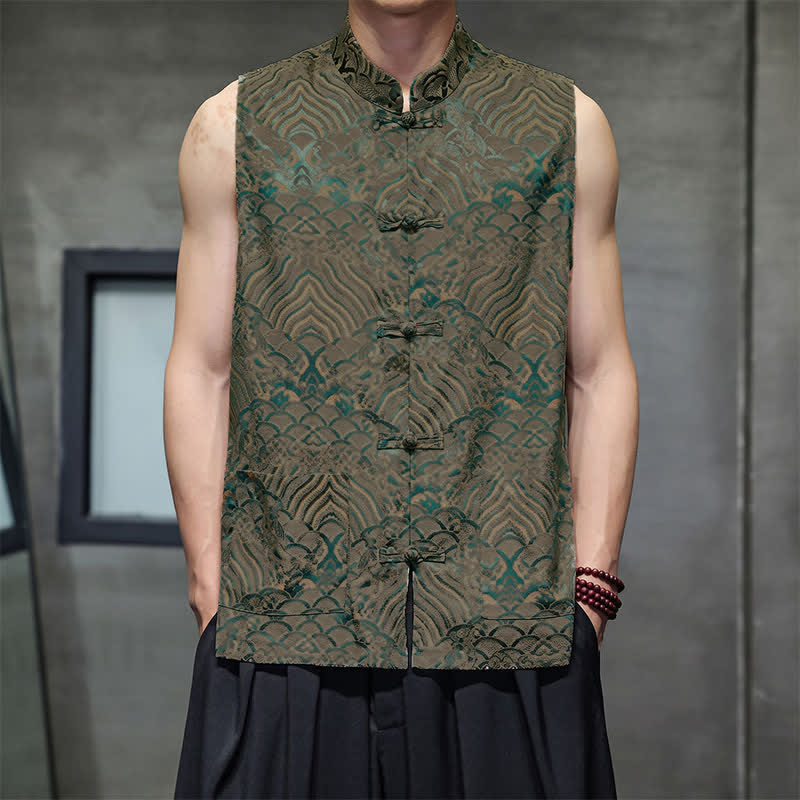 Buddha Stones Débardeur homme sans manches à col mandarin style Tang, boutonnage brandebourg, motif vagues abstraites, avec poches - Olive - US/UK/AU46, EU56 (5XL) - image 0