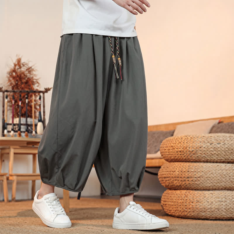 Buddha Stones Pantalon Capri uni à cordon de serrage, style sarouel, décontracté et minimaliste, idéal pour le printemps et l'été. Poches incluses. - Gris - US/UK/AU46, EU56 (5XL) - image 0