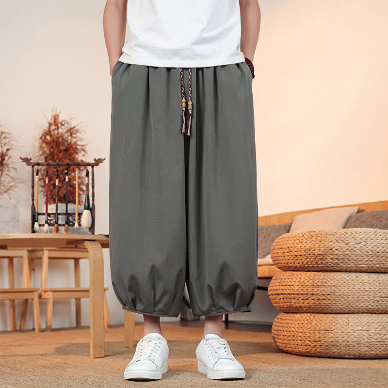Buddha Stones Pantalon Capri uni à cordon de serrage, style sarouel, décontracté et minimaliste, idéal pour le printemps et l'été. Poches incluses. - image 1