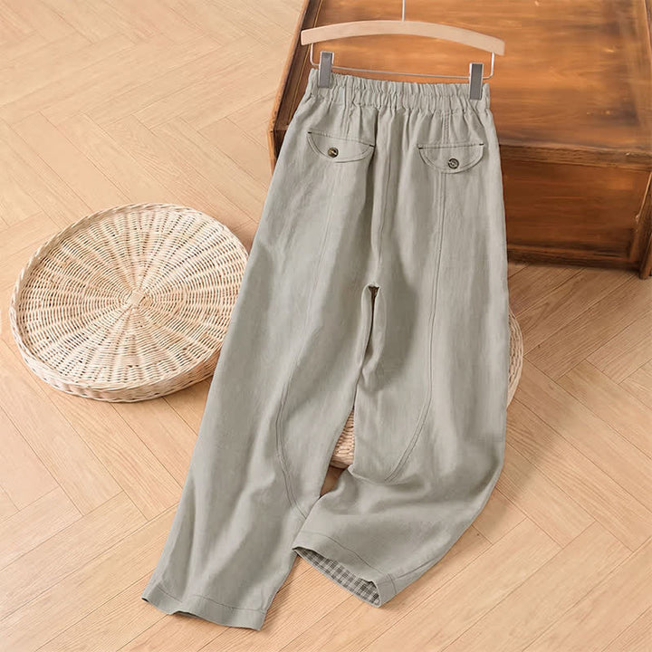 Buddha Stones Pantalon uni décontracté style minimaliste printemps-été, coupe 7/8, jambes droites, avec poches - image 1