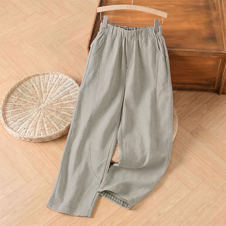 Buddha Stones Pantalon uni décontracté style minimaliste printemps-été, coupe 7/8, jambes droites, avec poches - Lin - US8-10, UK/AU12-14, EU40-42 (2XL) - image 0