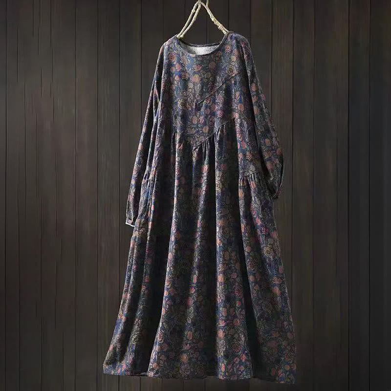 Robe midi femme à manches longues, coupe trapèze, motif floral rétro Buddha Stones - Bleu foncé - US4-8/10，UK/AU8-12/14，EU36-40/42 (F) - image 11