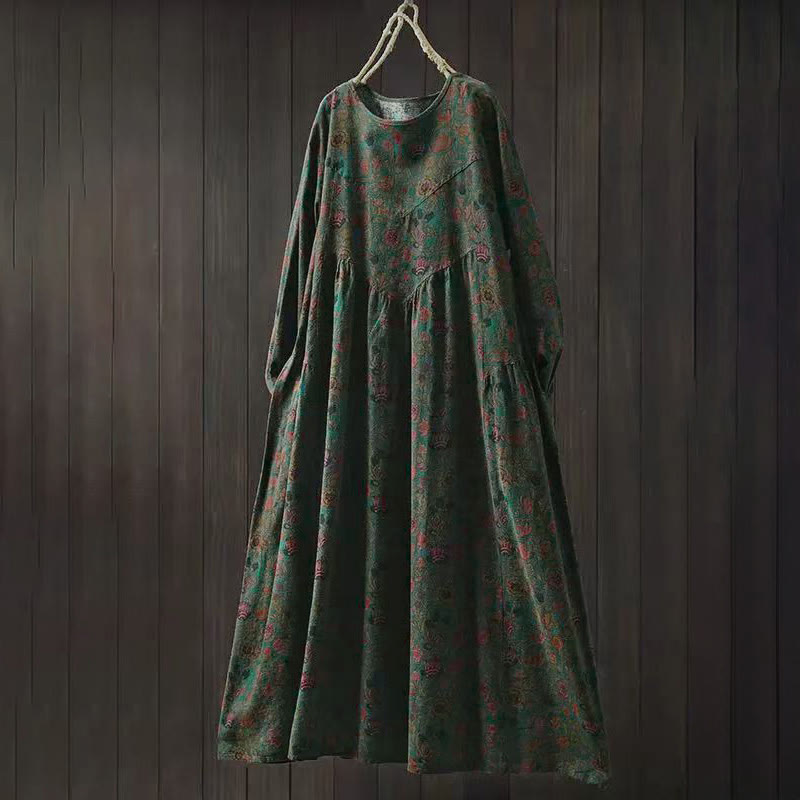 Robe midi femme à manches longues, coupe trapèze, motif floral rétro Buddha Stones - Vert olive foncé - US4-8/10，UK/AU8-12/14，EU36-40/42 (F) - image 0