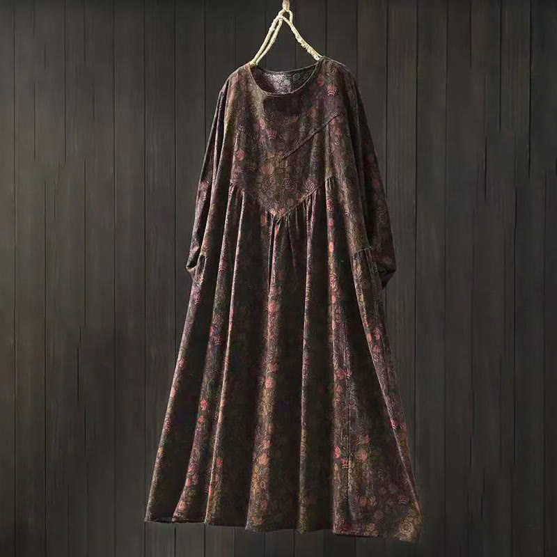 Robe midi femme à manches longues, coupe trapèze, motif floral rétro Buddha Stones - SaddleBrown - US4-8/10，UK/AU8-12/14，EU36-40/42 (F) - image 13