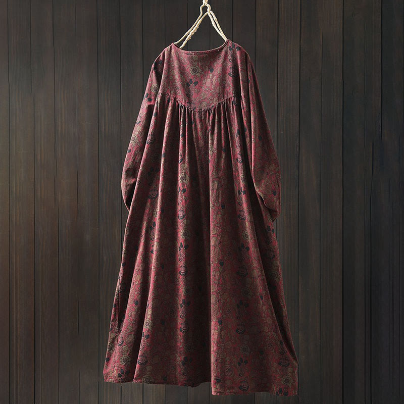 Robe midi femme à manches longues, coupe trapèze, motif floral rétro Buddha Stones - image 3
