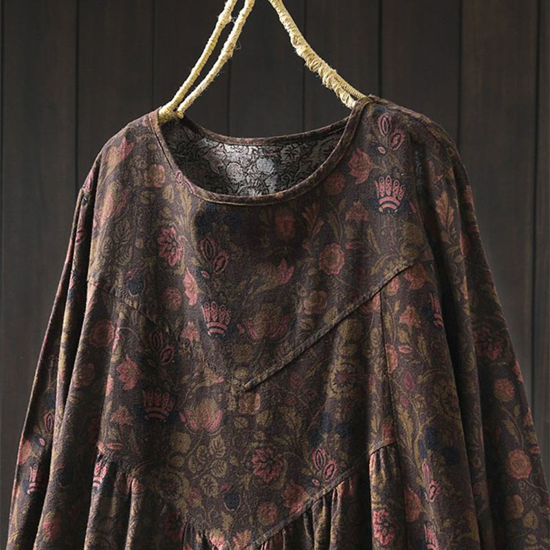 Robe midi femme à manches longues, coupe trapèze, motif floral rétro Buddha Stones - image 14