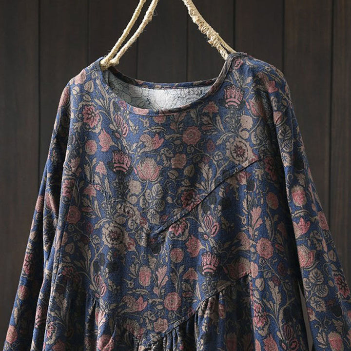 Robe midi femme à manches longues, coupe trapèze, motif floral rétro Buddha Stones - image 12