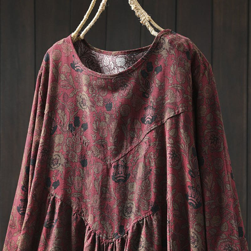 Robe midi femme à manches longues, coupe trapèze, motif floral rétro Buddha Stones - image 4