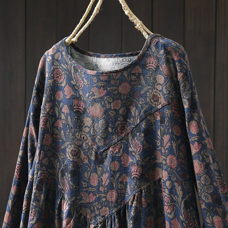 Robe midi femme à manches longues, coupe trapèze, motif floral rétro Buddha Stones - image 12