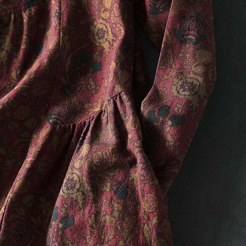 Robe midi femme à manches longues, coupe trapèze, motif floral rétro Buddha Stones - image 7