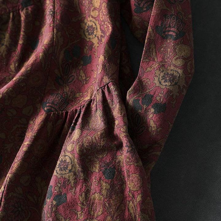 Robe midi femme à manches longues, coupe trapèze, motif floral rétro Buddha Stones - image 7