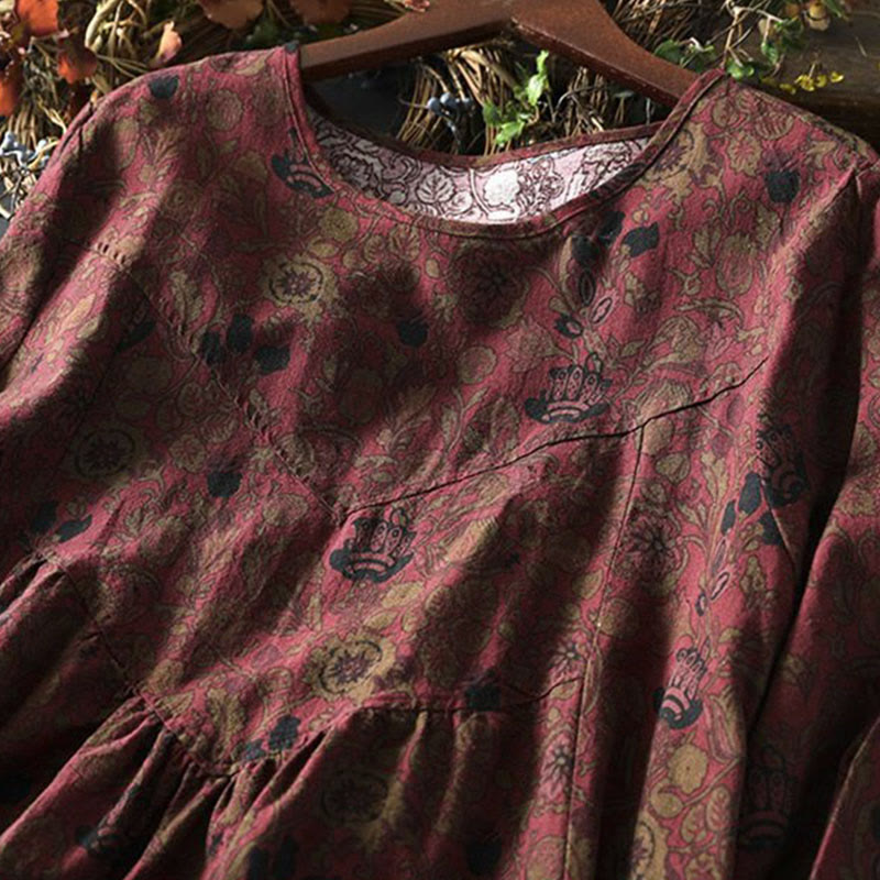 Robe midi femme à manches longues, coupe trapèze, motif floral rétro Buddha Stones - image 6