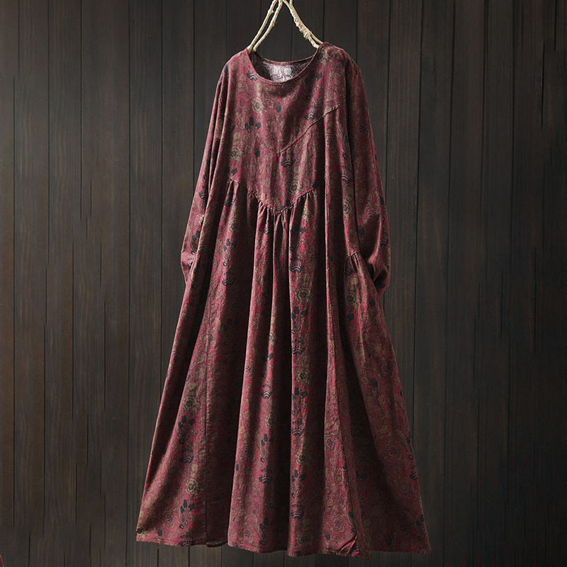 Robe midi femme à manches longues, coupe trapèze, motif floral rétro Buddha Stones - FireBrick - US4-8/10，UK/AU8-12/14，EU36-40/42 (F) - image 2