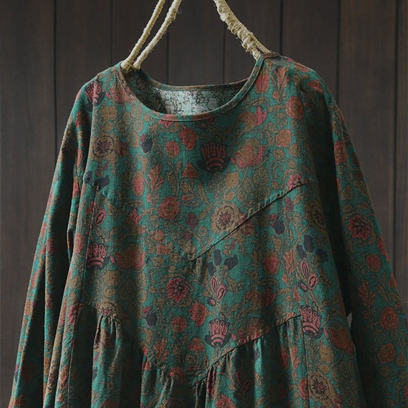 Robe midi femme à manches longues, coupe trapèze, motif floral rétro Buddha Stones - image 1