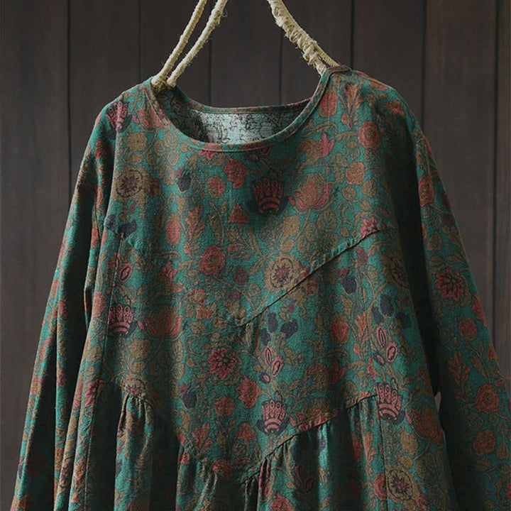Robe midi femme à manches longues, coupe trapèze, motif floral rétro Buddha Stones - image 1