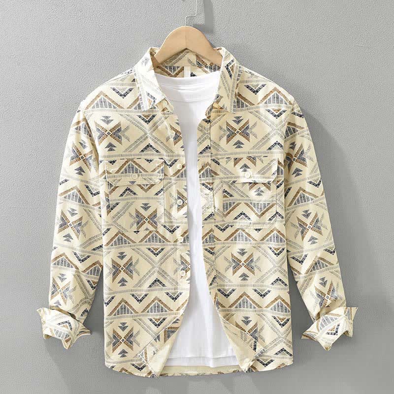 Buddha Stones Chemises à manches longues pour homme en coton, style bohème décontracté, boutonnées, à motifs géométriques, avec poche, printemps/automne - Kaki - US/UK/AU42, EU52 (3XL) - image 0