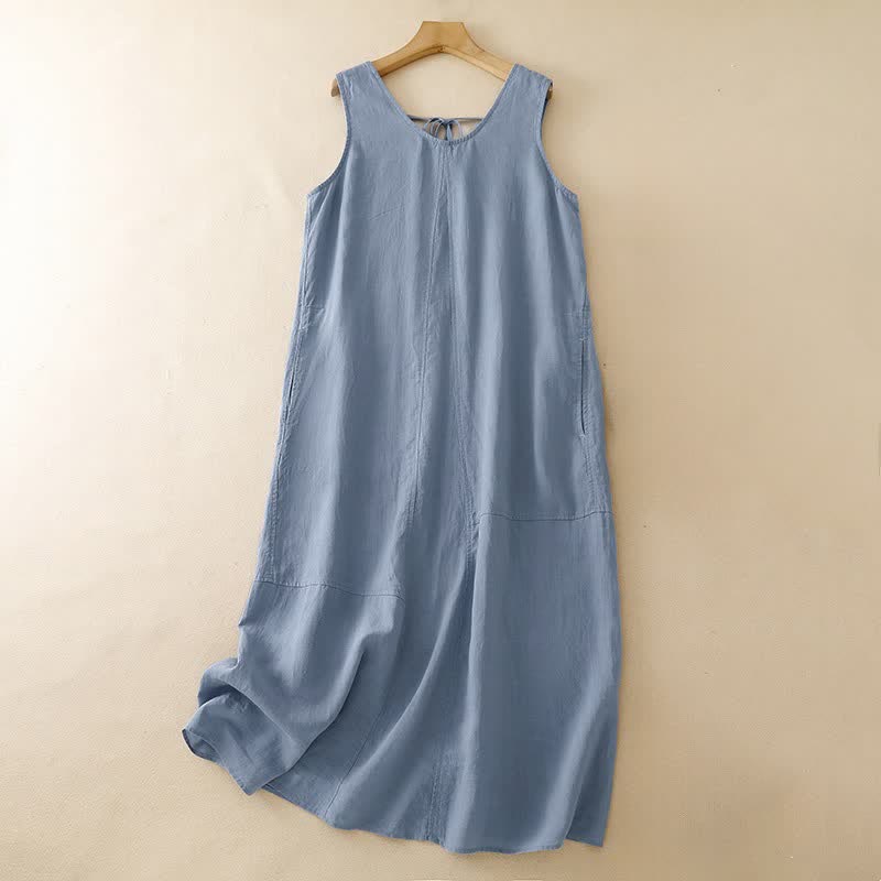 Buddha Stones Robe d'été minimaliste décontractée à col rond, sans manches et poches, pour femme. - Bleu acier clair - US14, UK/AU18, EU46 (2XL) - image 0