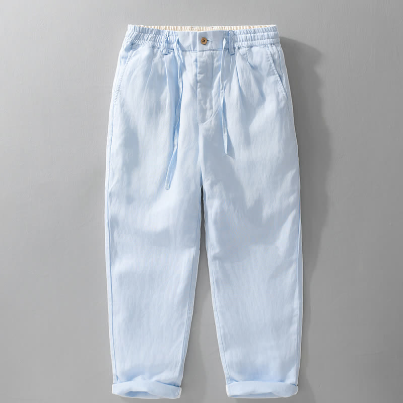 Buddha Stones Pantalon long en lin uni, coupe droite, poches, style décontracté printemps-été, avec cordon de serrage et fermeture éclair. - Bleu clair - US/UK/AU42，EU52 (3XL) - image 11