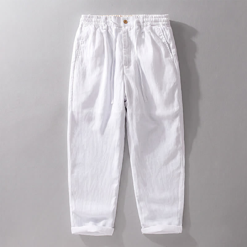 Buddha Stones Pantalon long en lin uni, coupe droite, poches, style décontracté printemps-été, avec cordon de serrage et fermeture éclair. - Blanc - US/UK/AU42，EU52 (3XL) - image 15