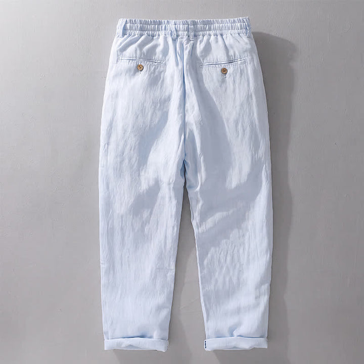 Buddha Stones Pantalon long en lin uni, coupe droite, poches, style décontracté printemps-été, avec cordon de serrage et fermeture éclair. - image 12