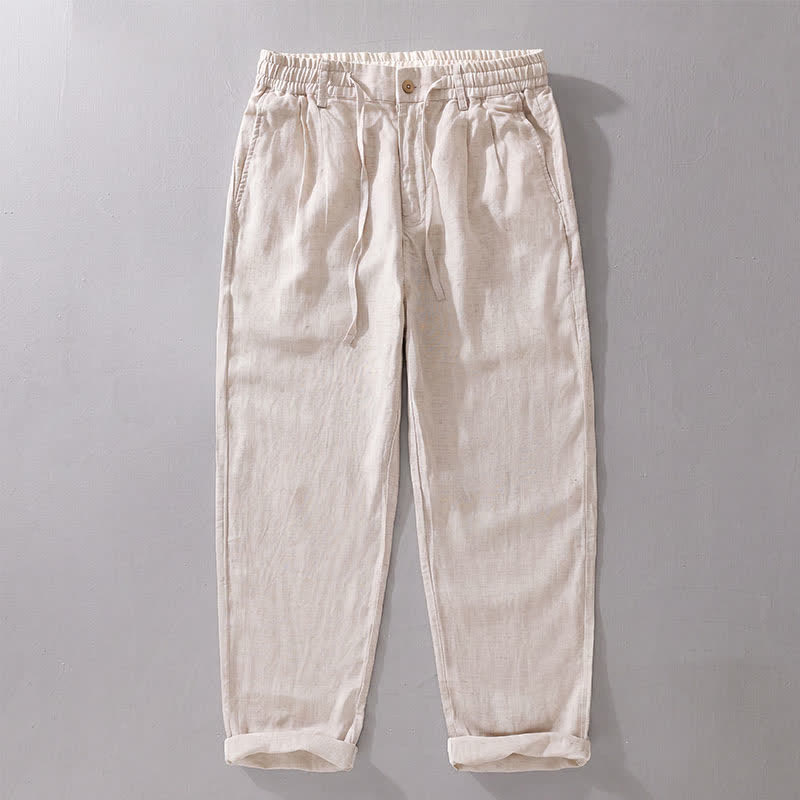 Buddha Stones Pantalon long en lin uni, coupe droite, poches, style décontracté printemps-été, avec cordon de serrage et fermeture éclair. - Lin - US/UK/AU42，EU52 (3XL) - image 0