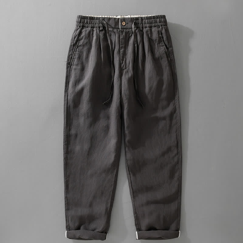 Buddha Stones Pantalon long en lin uni, coupe droite, poches, style décontracté printemps-été, avec cordon de serrage et fermeture éclair. - Gris ardoise foncé - US/UK/AU42，EU52 (3XL) - image 2