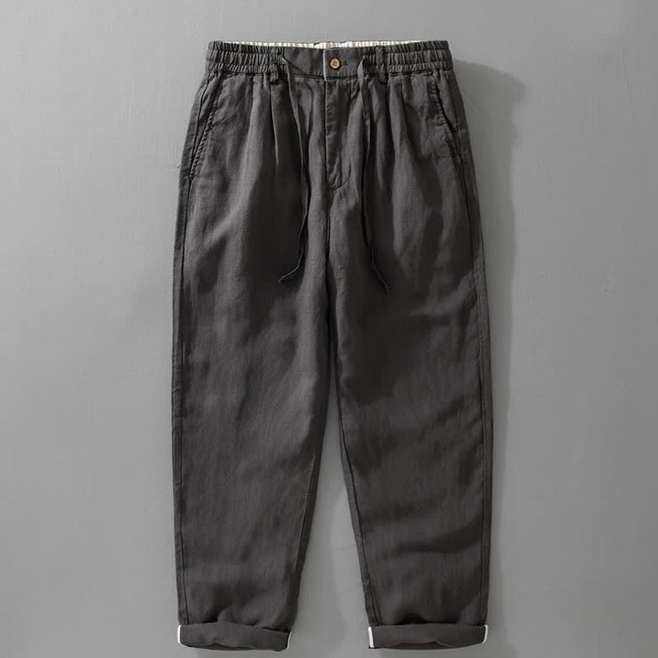 Buddha Stones Pantalon long en lin uni, coupe droite, poches, style décontracté printemps-été, avec cordon de serrage et fermeture éclair. - Gris ardoise foncé - US/UK/AU42，EU52 (3XL) - image 2