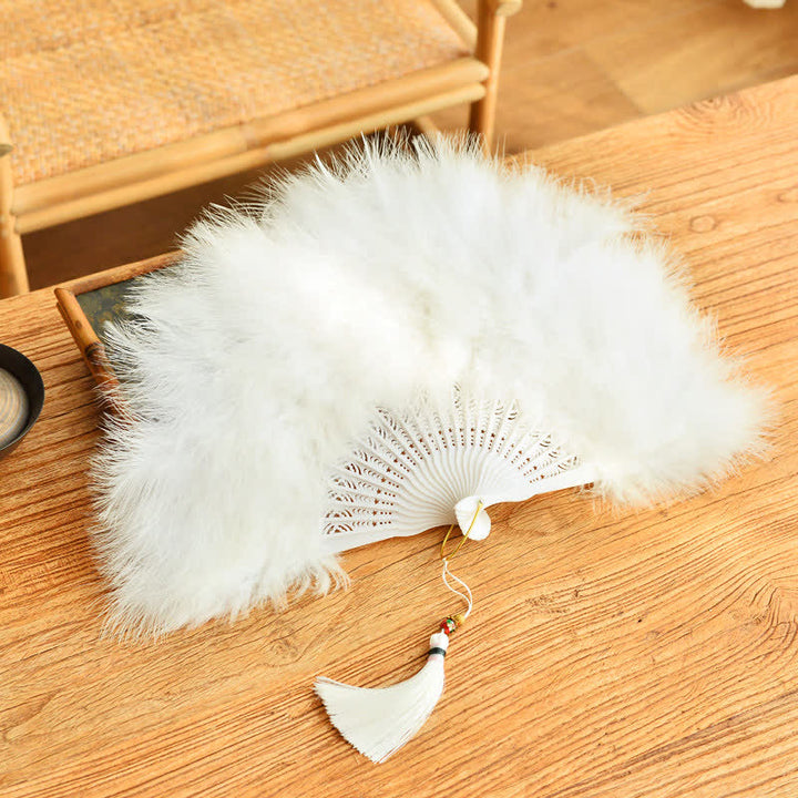 Buddha Stones Éventail pliant classique en plumes pour la danse Qipao et la photographie - Plume blanche - Dimensions fermé : environ 30 cm / 11,8 pouces - image 0