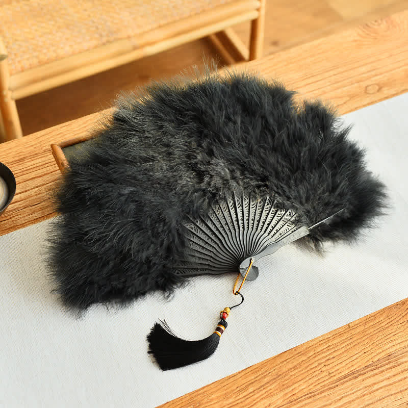 Buddha Stones Éventail pliant classique en plumes pour la danse Qipao et la photographie - Plume noire - Dimensions fermé : environ 30 cm / 11,8 pouces - image 1