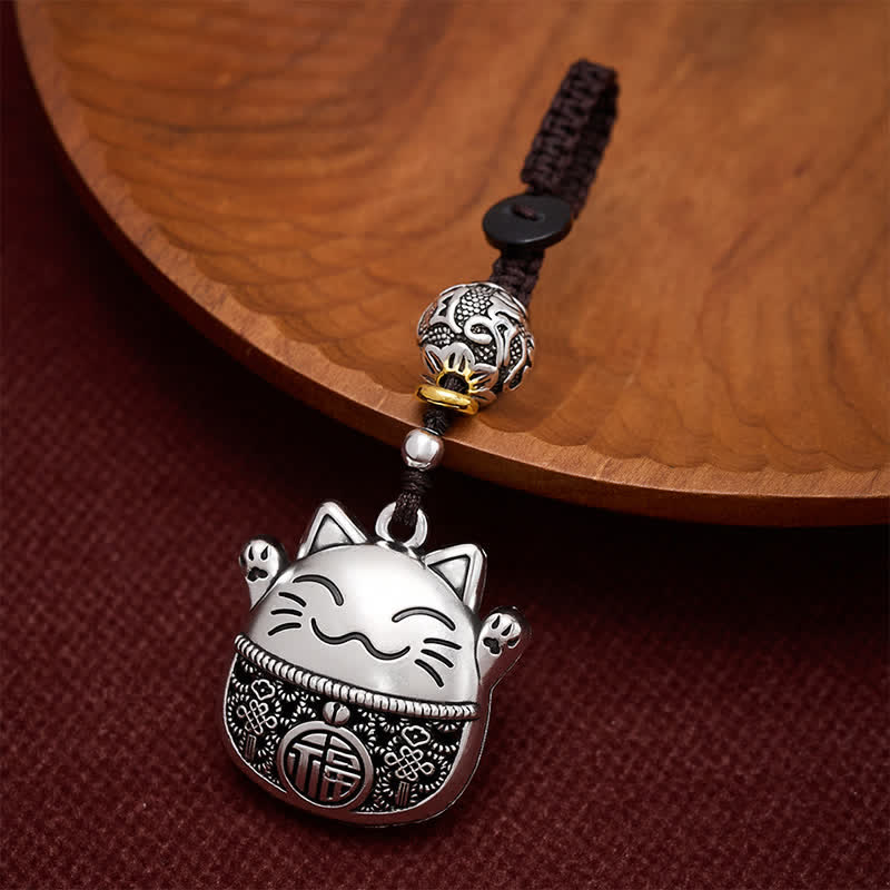 Buddha Stones Porte-clés tressés en cuivre gravé représentant un chat porte-bonheur Fu - Chat porte-bonheur argenté - image 0