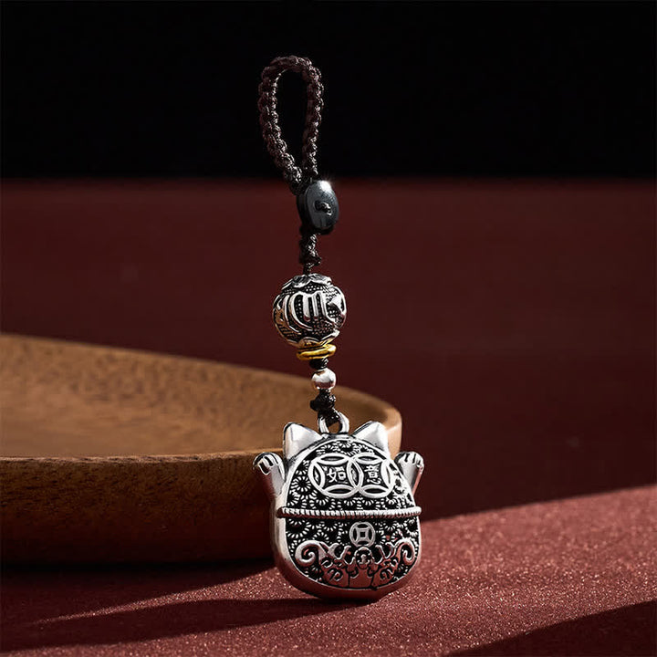 Buddha Stones Porte-clés tressés en cuivre gravé représentant un chat porte-bonheur Fu - image 2