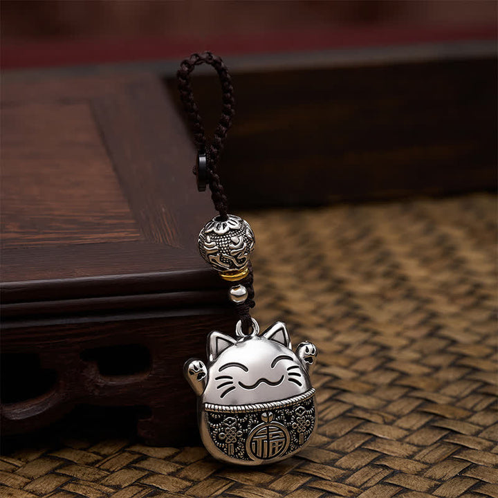 Buddha Stones Porte-clés tressés en cuivre gravé représentant un chat porte-bonheur Fu - image 3