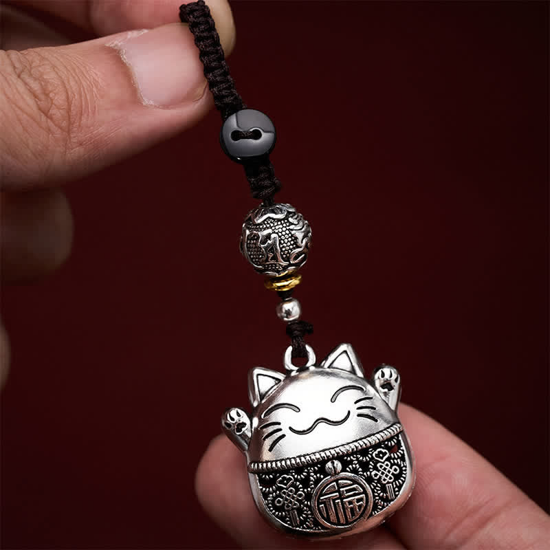 Buddha Stones Porte-clés tressés en cuivre gravé représentant un chat porte-bonheur Fu - image 8